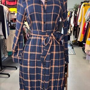 Plaid Button-Up Belted Dress